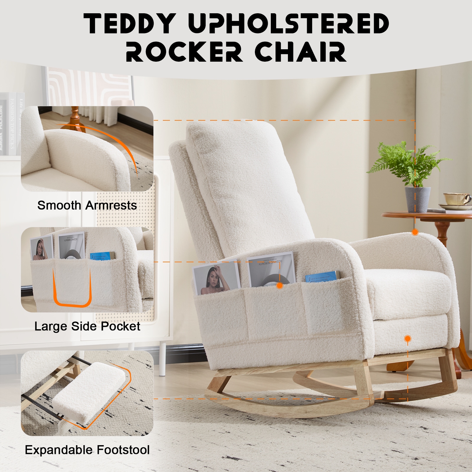 Modern Accent Rocking Chair Rocking Chair With Solid Wood Legs, Upholstered Nursery Glider Rocker, Comfy Armchair With Side Pocket, Living Room Lounge Arm Chair With High Backrest (White,teddy)_voghion.com